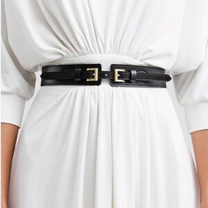 Double Buckle Black Leather Waist Belt with Gold Hardware